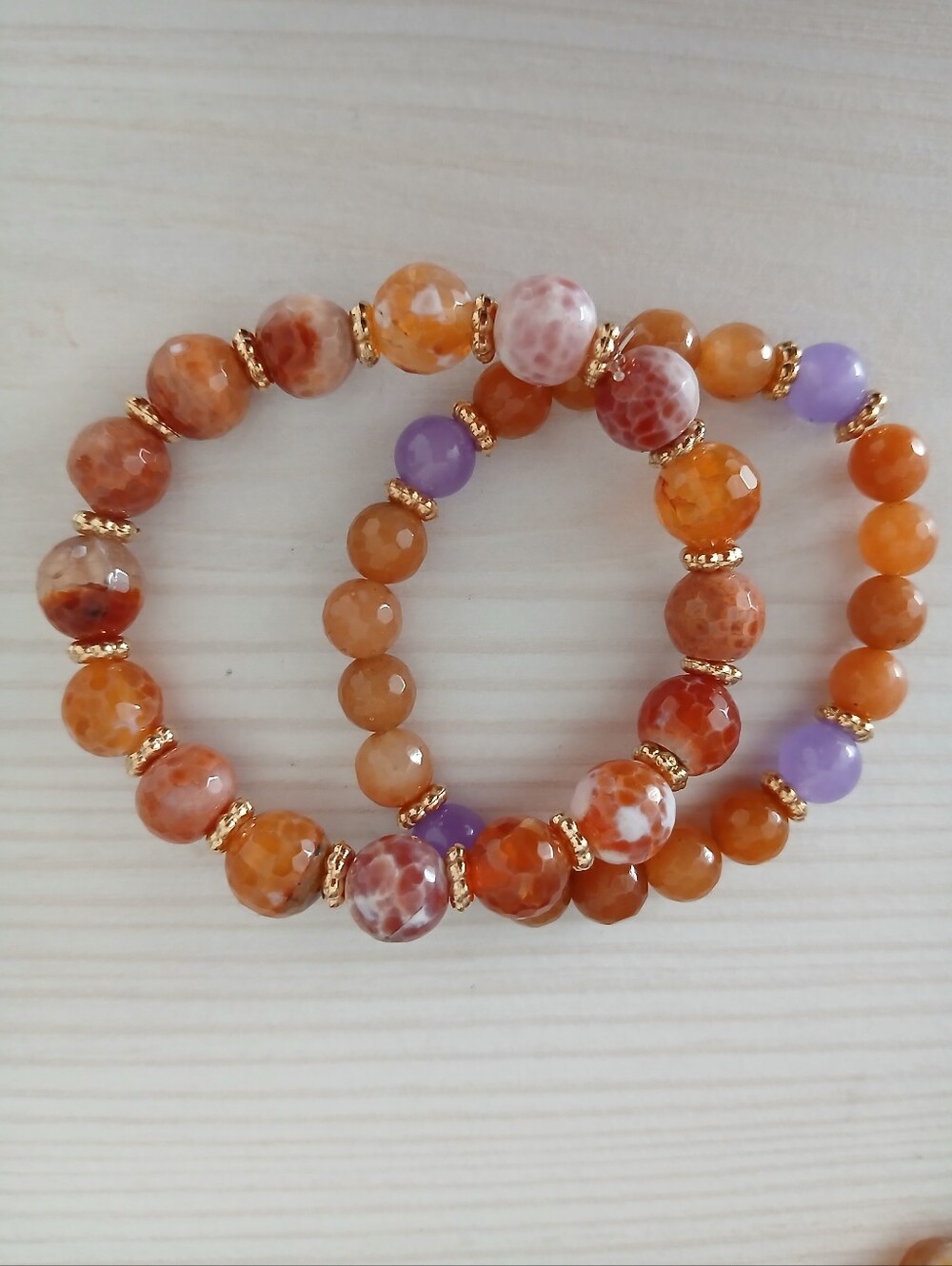 Handmade Orange Agate & Lavender Beaded Stretch Bracelet Set